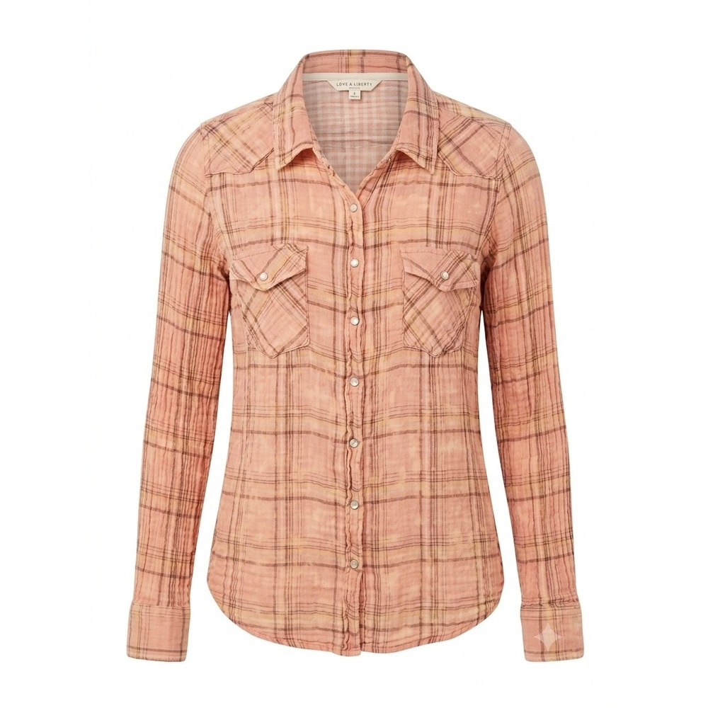 Lovestitch Womens Cowgirlcore Pink Plaid Cotton Western Snap Button Down Shirt M
